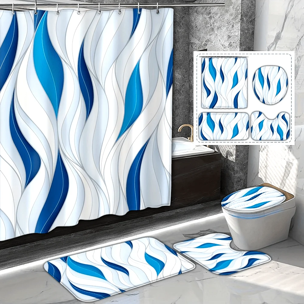 

4pc Blue wave pattern bathroom set, shower curtain with hooks, non-slip mat, toilet seat cover, non-slip mat.