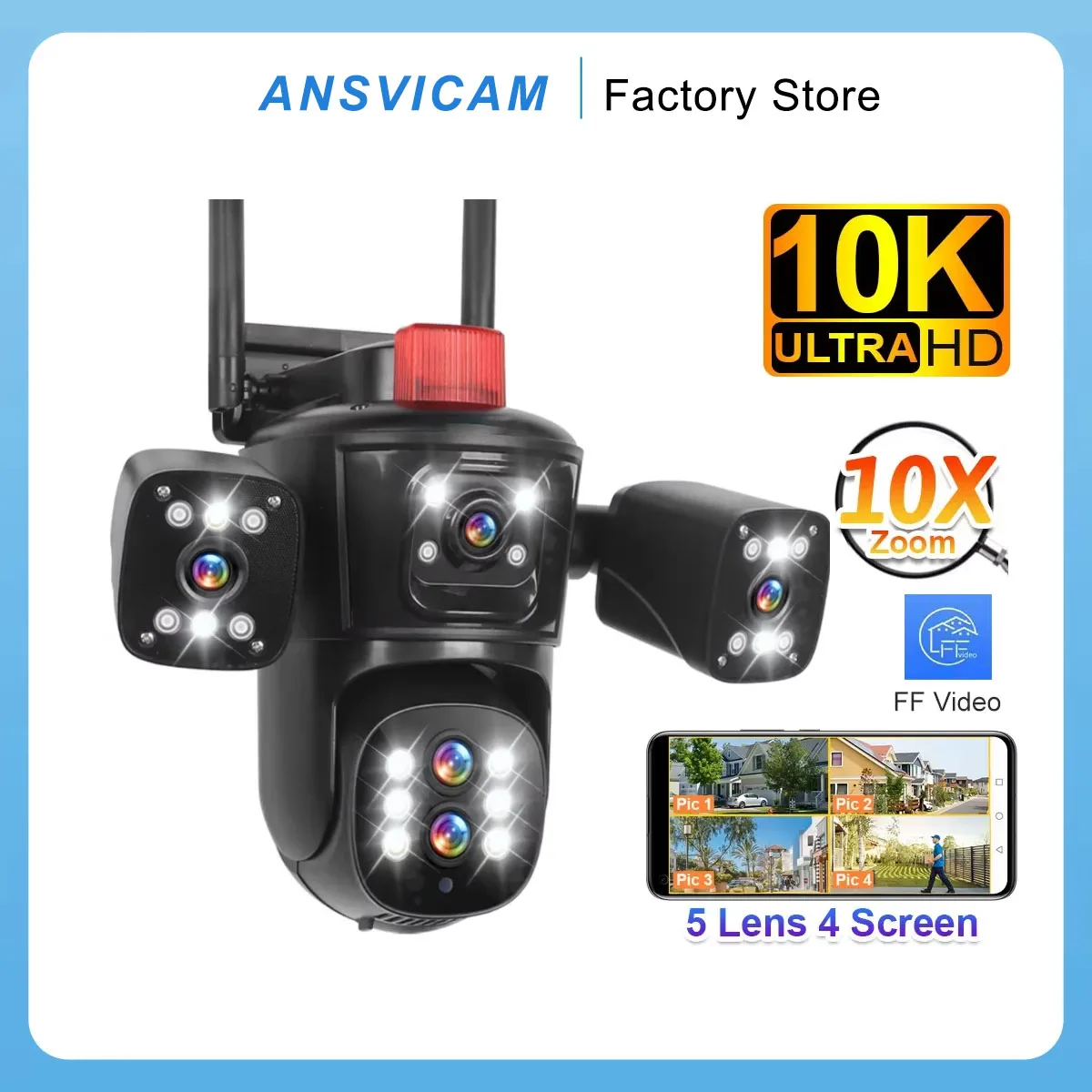 20MP WiFi IP Camera Outdoor Wireless 10X Optical Zoom Four Screen Display Five Lens PTZ Auto Tracking Waterproof CCTV System