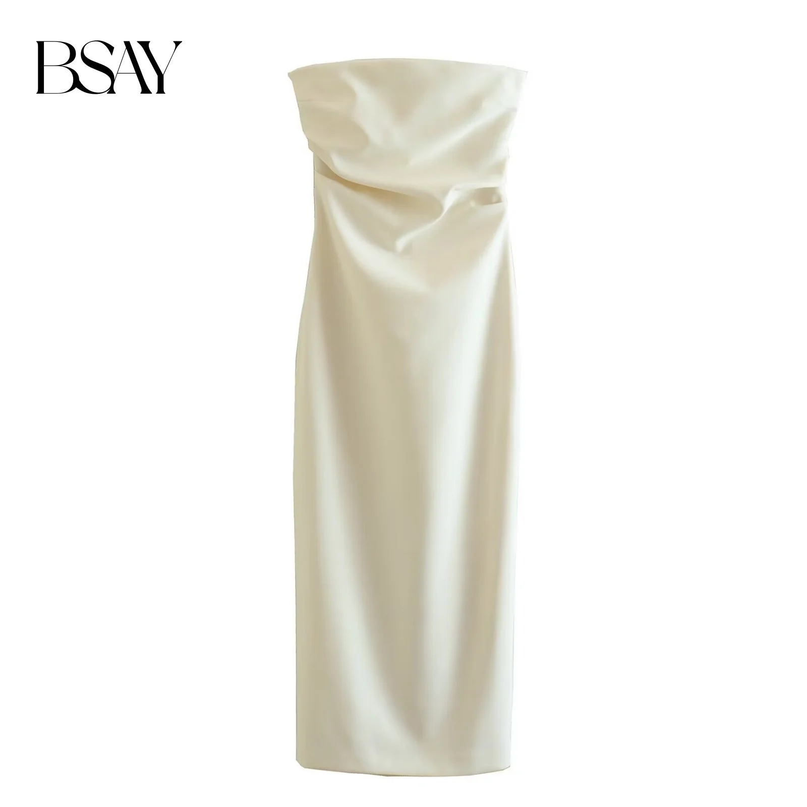 BSAY Women Fashion Summer New Sexy Split Back Zip Pleated Sleeveless Strapless Dress Chic Female French Elegant Evening