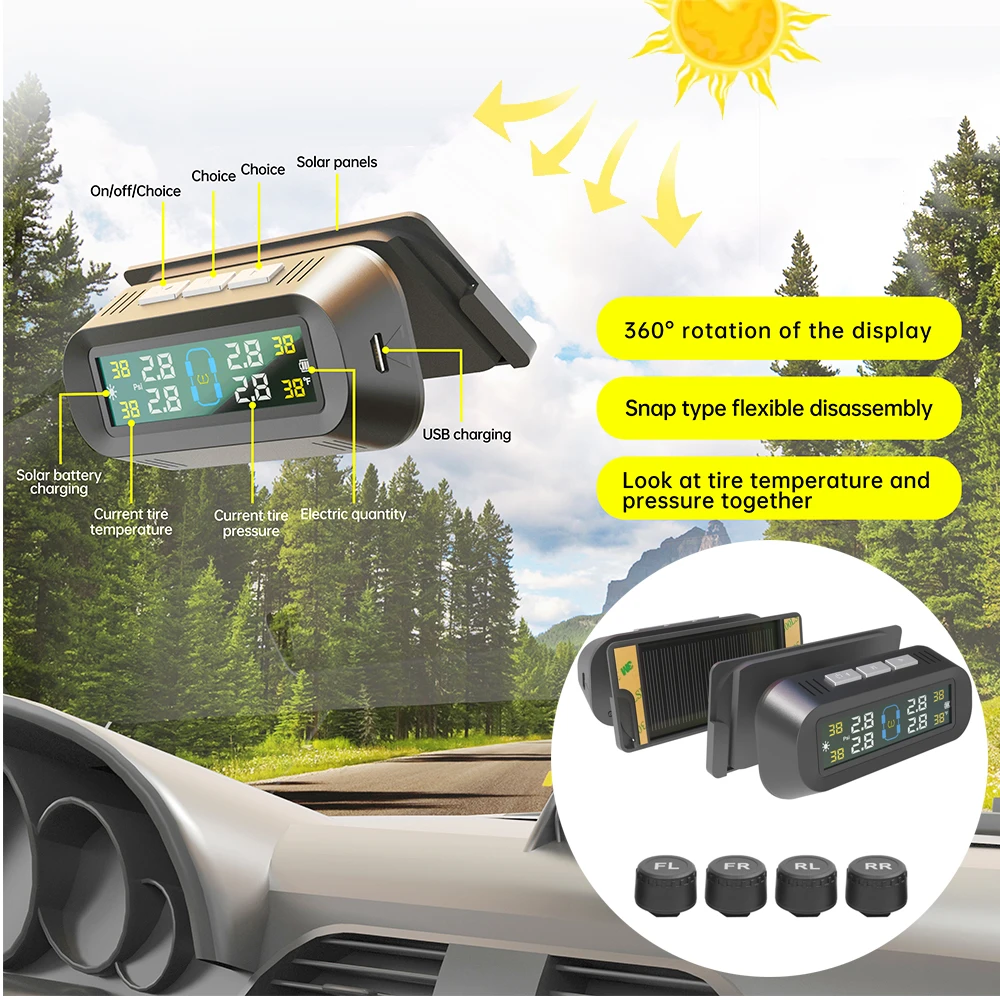 

Car TPMS Tire Pressure Alarm Monitor System 4 External Sensors Temperature Warning Digital Colorful Display Wireless Solar