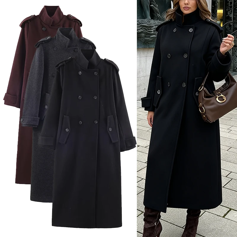 

Women’s Stand Collar Long Coats 2025 Winter New Double-Breasted Woolen Coat Vintage Simple Outerwear Fashion Female Overcoat