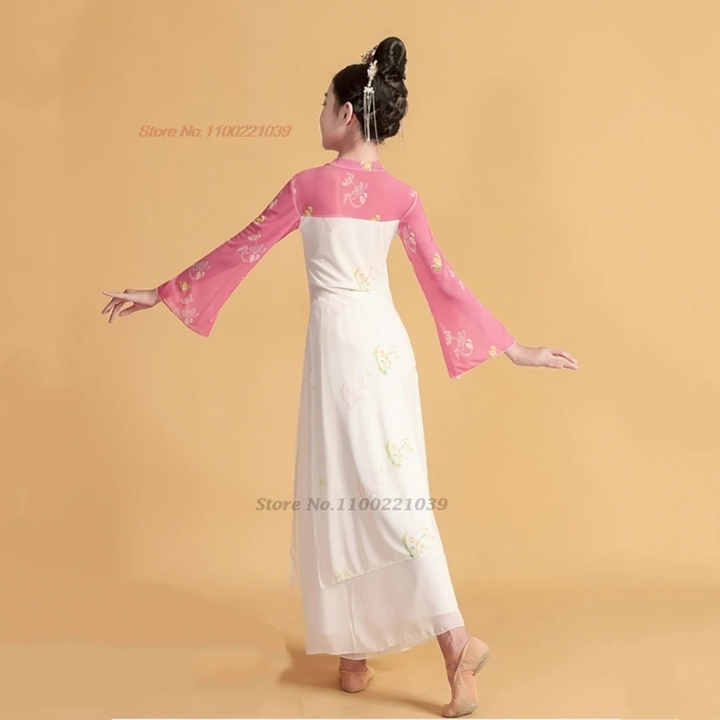 Vestido de baile chino para niños, traje tradicional para actuación en escenario, tops hanfu de malla con estampado de flores y pantalones, conjunto de vestido de hada para niña 2025