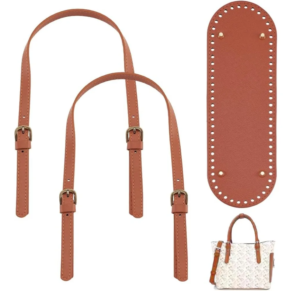 26.4~27.9 Inch Sew On Leather Bag Handles, Woven Crochet Bottom, Camel Handbag Short Shoulder Strap with Adjustable Buckle