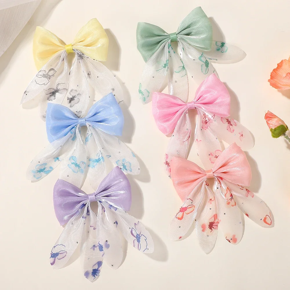

2Pcs/Set 3.15x4.13" Hair Bows Hairbangs for Girls Hairgripes Cheer Bow Stain Hairclip Chiffon Printing Headdress Claws Gifts