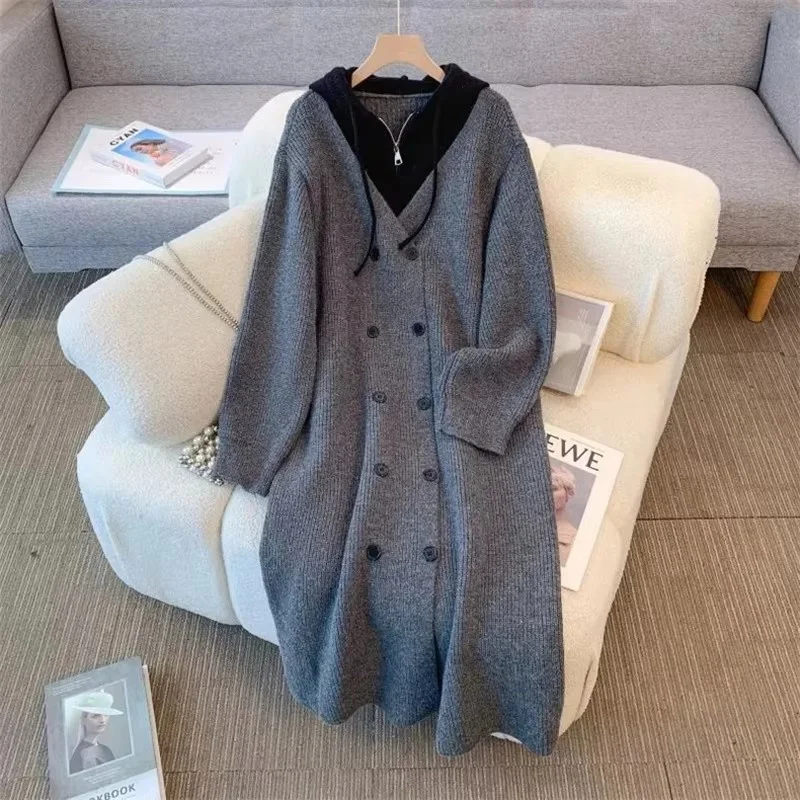 Autumn Winter Cardigan Large Size Sweater Women Fake Two-piece Double Breasted Knitted Jacket Loose Long Hooded Sweater Overcoat