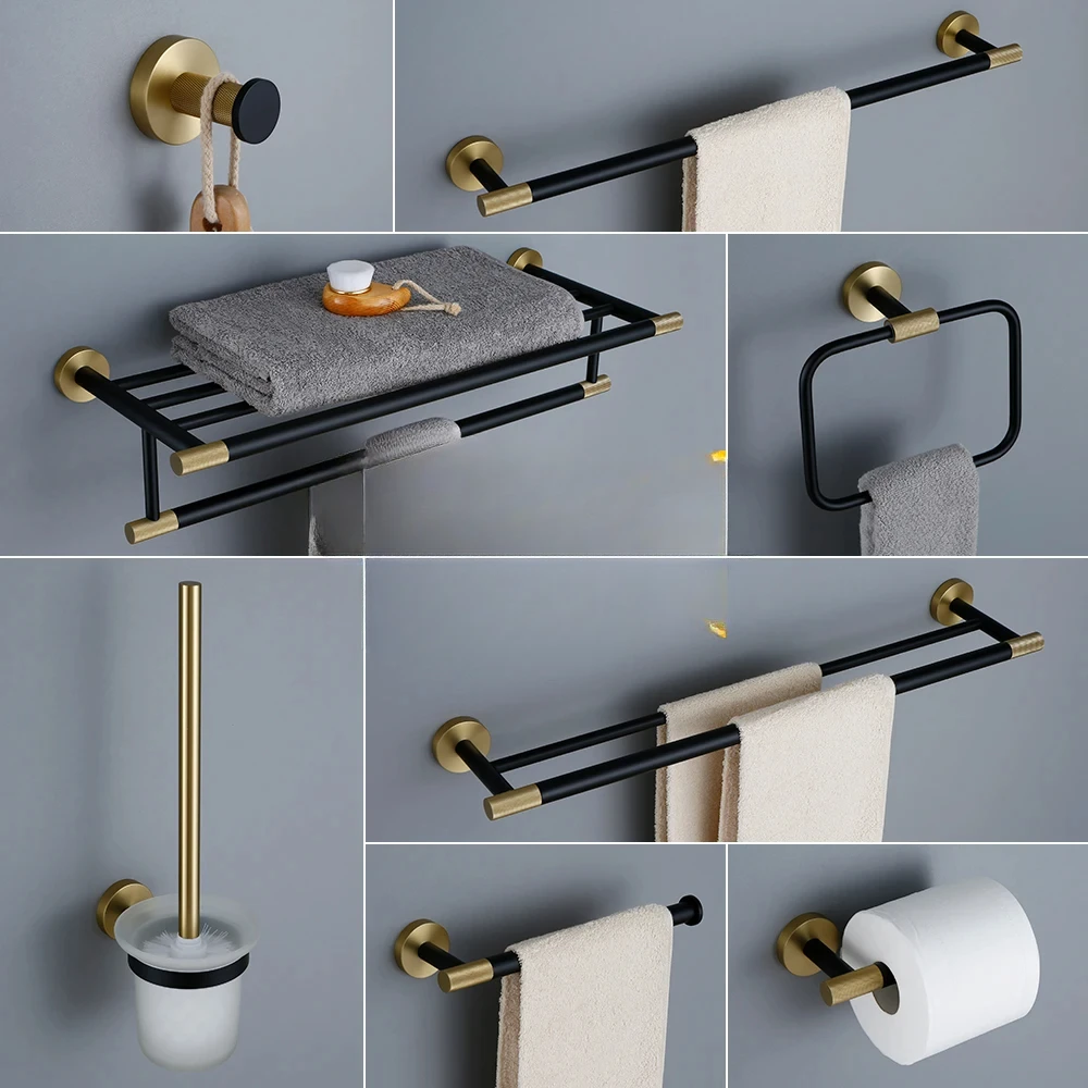 Towel rack Wall Mounted Towel Rack Brushed Gold Paper Holder& Matte Black Hook Knurled and Combined Colors Toilet Brush Holder