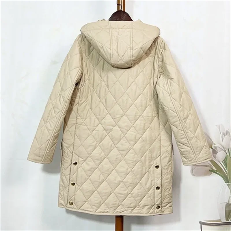 QuiltedRhombic Lattice Jacket Women\'s Long 2023 New Autumn/Winter Korean Loose Fitting Fashion Lightweight Down Cotton Jacket Tr