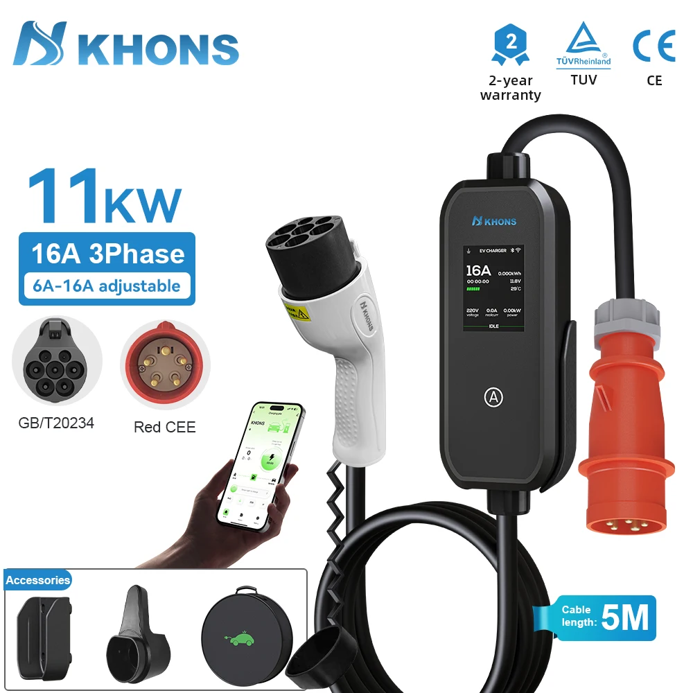 

Khons 11KW 16A 3-Phase Portable EV Charger GB/T EVSE Charging Box APP Control 5m TPU Cable For Electric Vehicle