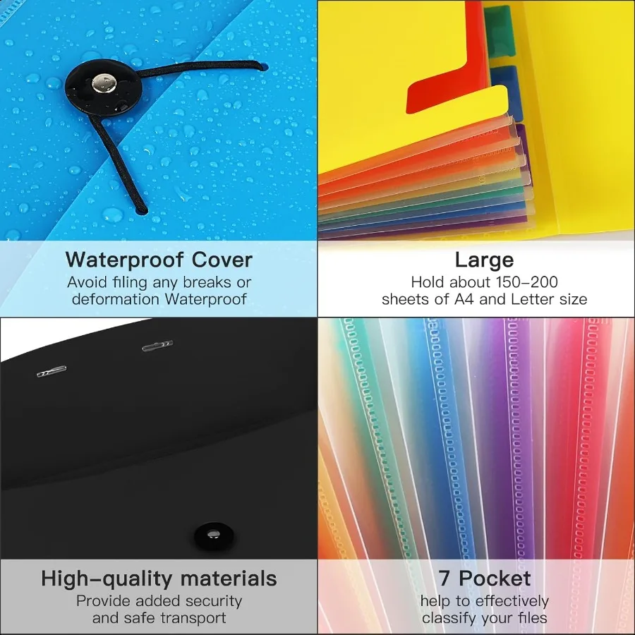 7 Pocket Accordian File Folders Expanding File Folder A4 Letter Size Paper Portable Document OrganizerBlack