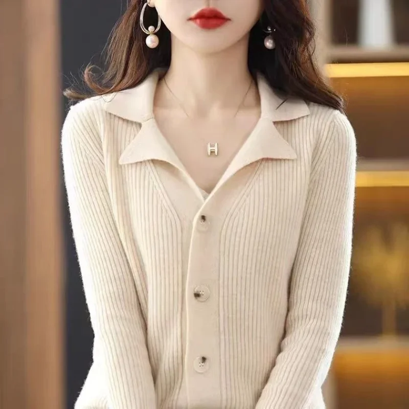 

New Style Collared Knitted Cardigan for Spring and Autumn Women's Minimalist High End V Neck Base Layer Sweater Outerwear Top