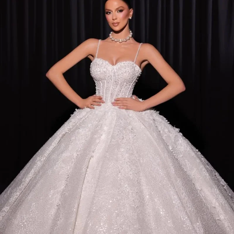 Shiny White Appliques Wedding Dresses slit Lace decal puff skirt long tail Gowns Pearl jewelry Made wedding dress Bridal Gown