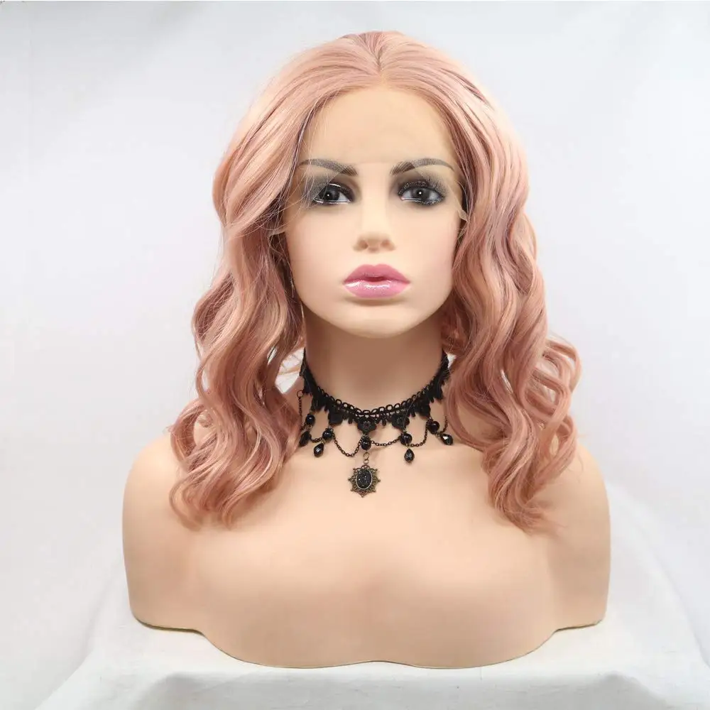 

Синтетические розовые разноцветные парики фронта шнурка для женщин, короткие вьющиеся парики, термостойкие волокна, парики из волос 14 дюймов