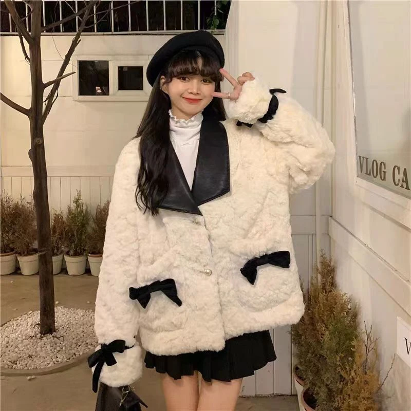 Women Fashion Coats Small Fragrance Bow Patchwork Fall Winter Loose All Match Jacket Female Chic New Thicken Warm Plush Outwear