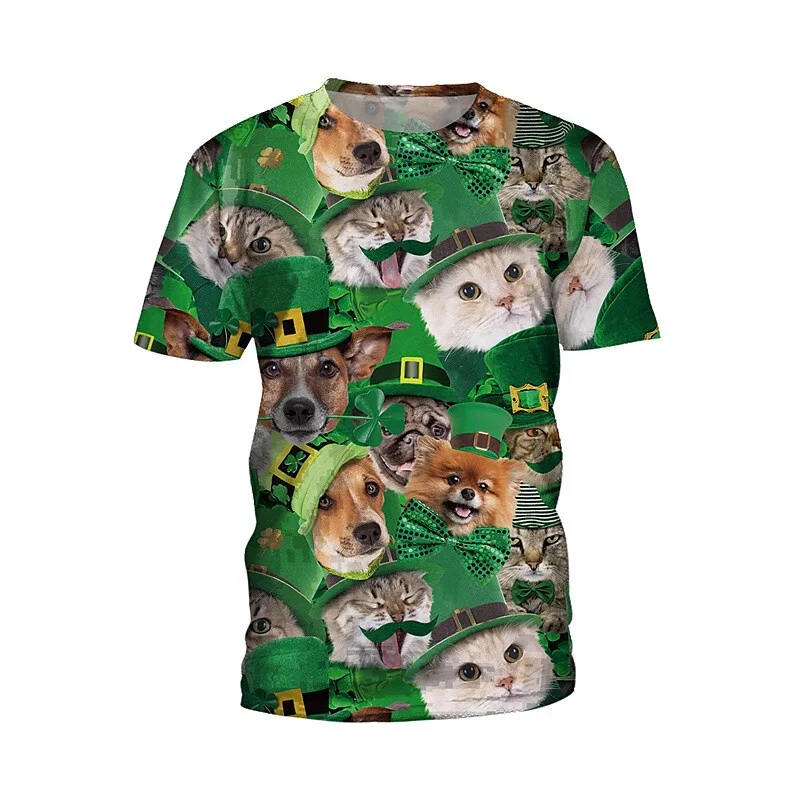 New 3D Dogs Cats Printing T Shirt Green Clover Graphic T-shirts For Men Summer Hawaiian Short Sleeves Y2k Clothing Tee Shirt Top