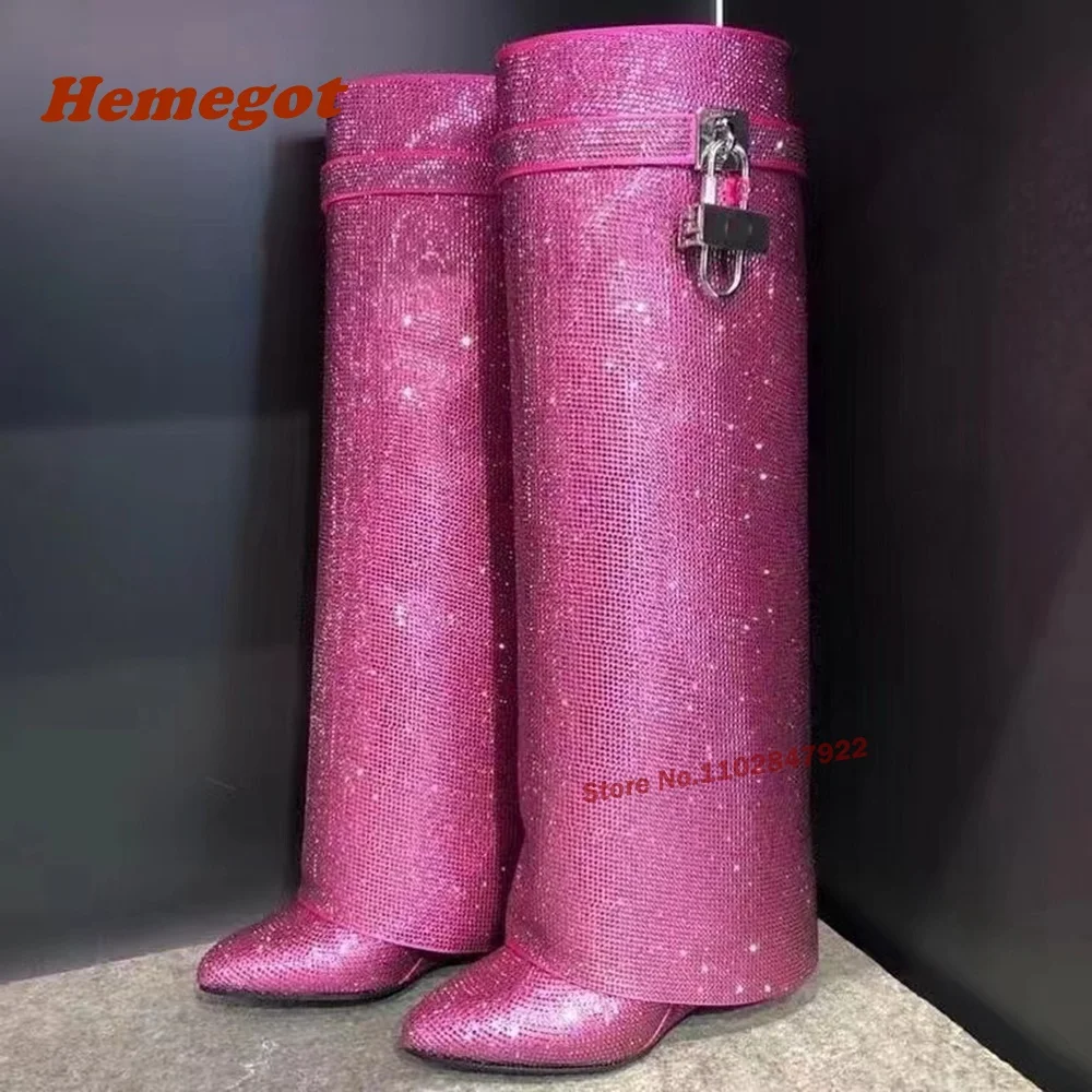 

Bling Padlock Wedges Boots Round Toe Knee High Slip On Shark Boots for Women Winter Luxury Runway Shoes Rhinestones Long Boots