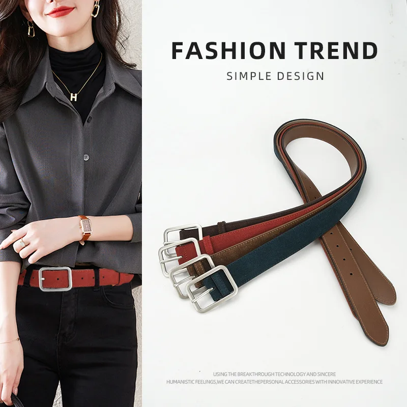 

Western Sandblasting Leather Women Belt Fashion Dress Causal Pants Silver Pin Buckle Belt for Ladies