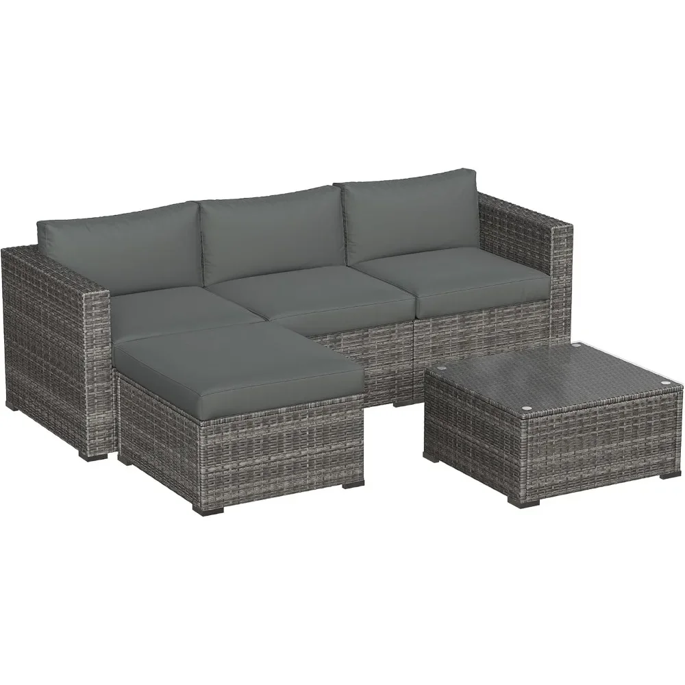 Five Piece Patio Set, Weather Resistant Rattan Sectional, Waterproof Conversation Sofa For Outdoor Balcony Use