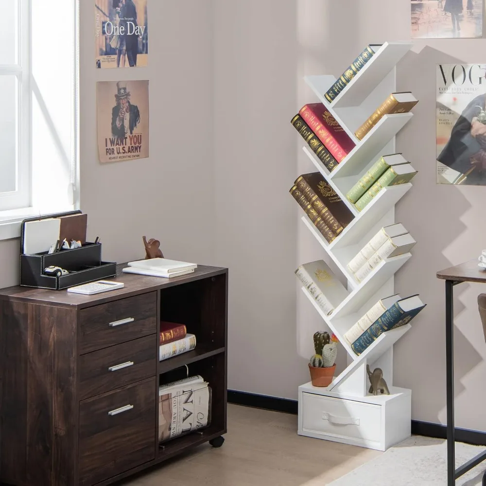 Storage Shelf 10 Shelf Space Saving White Wooden Bookcase Tree Bookshelf With Drawer Bookcases & Cd Racks Book Organizer Living