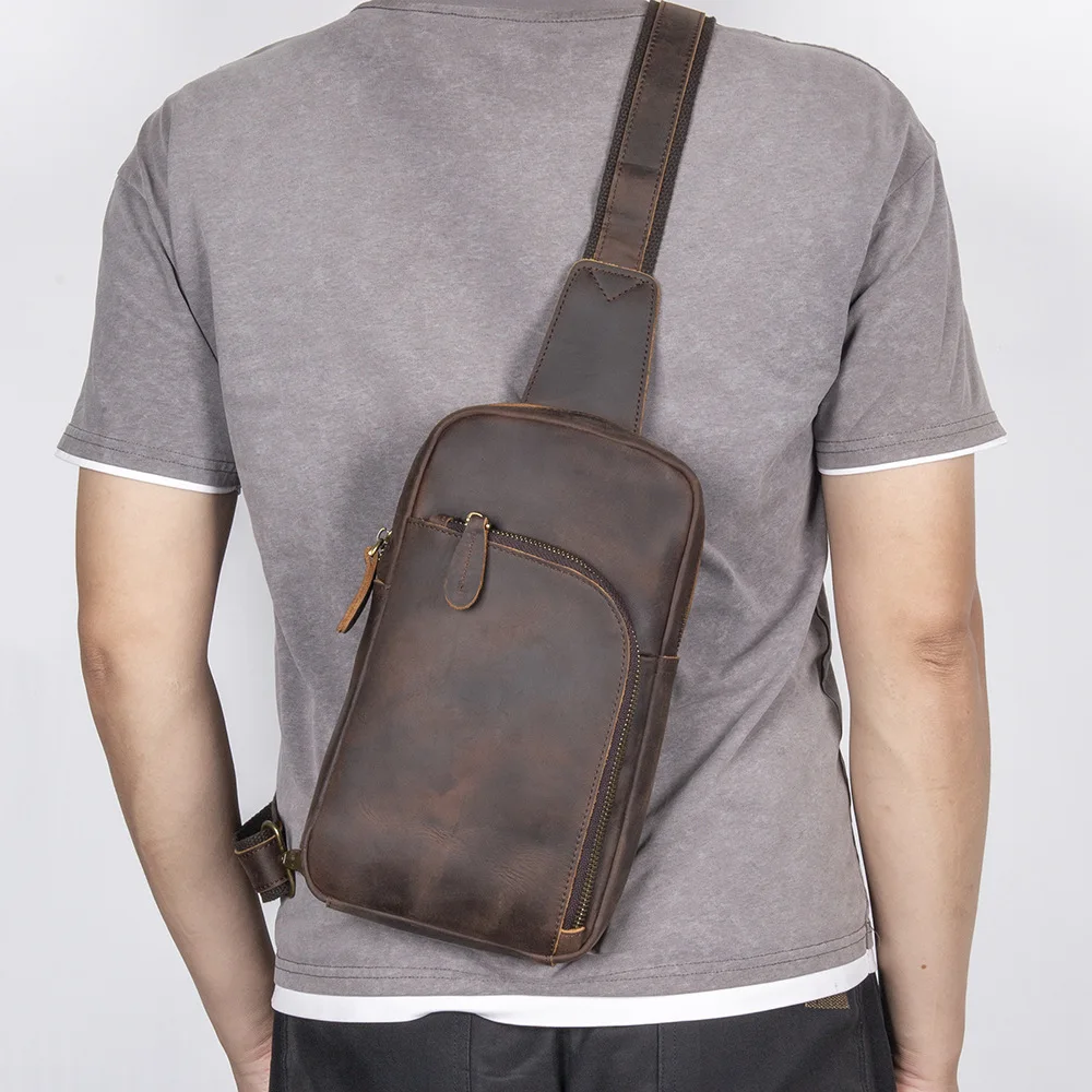 

Мужская поясная сумка, нагрудная сумка через плечо из натуральной кожи, большая вместимость, пригородная нагрудная сумка из воловьей кожи в стиле ретро.