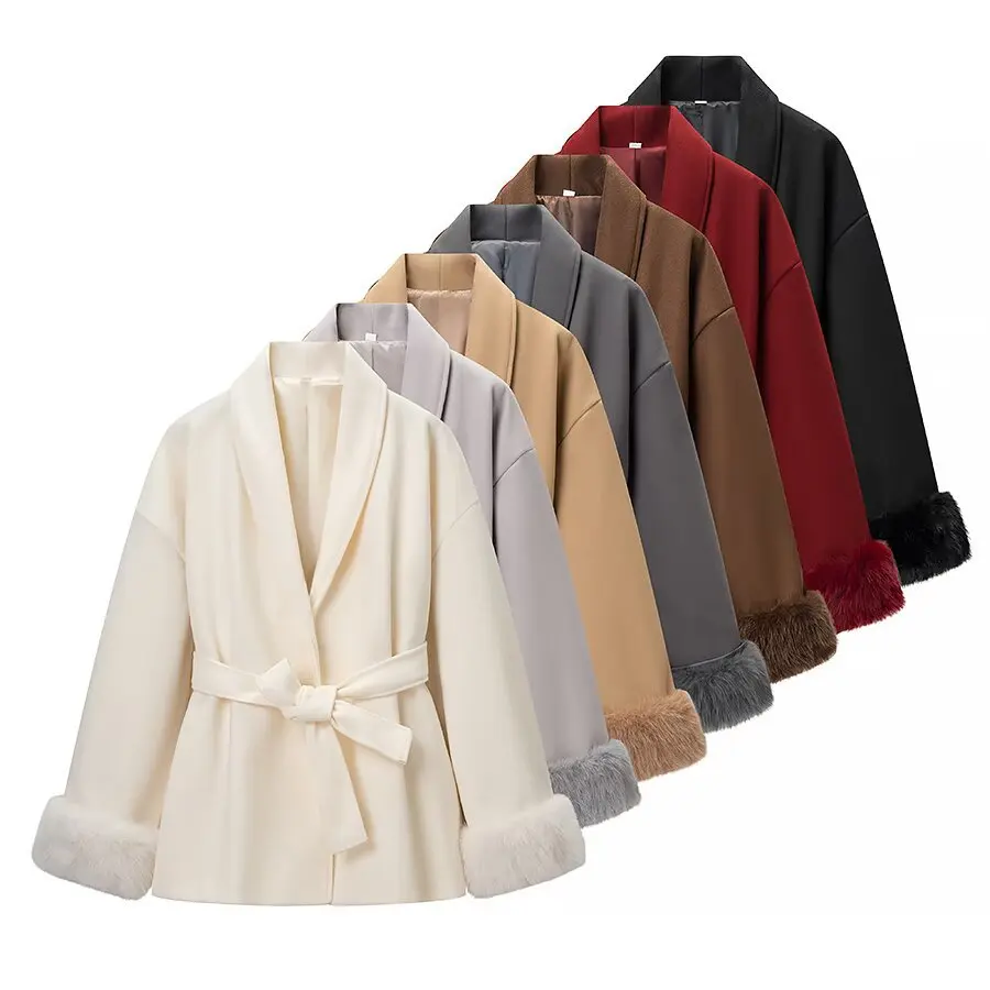 

European and American style autumn and winter new style versatile slim fit lace-up furry long-sleeved woolen jacket