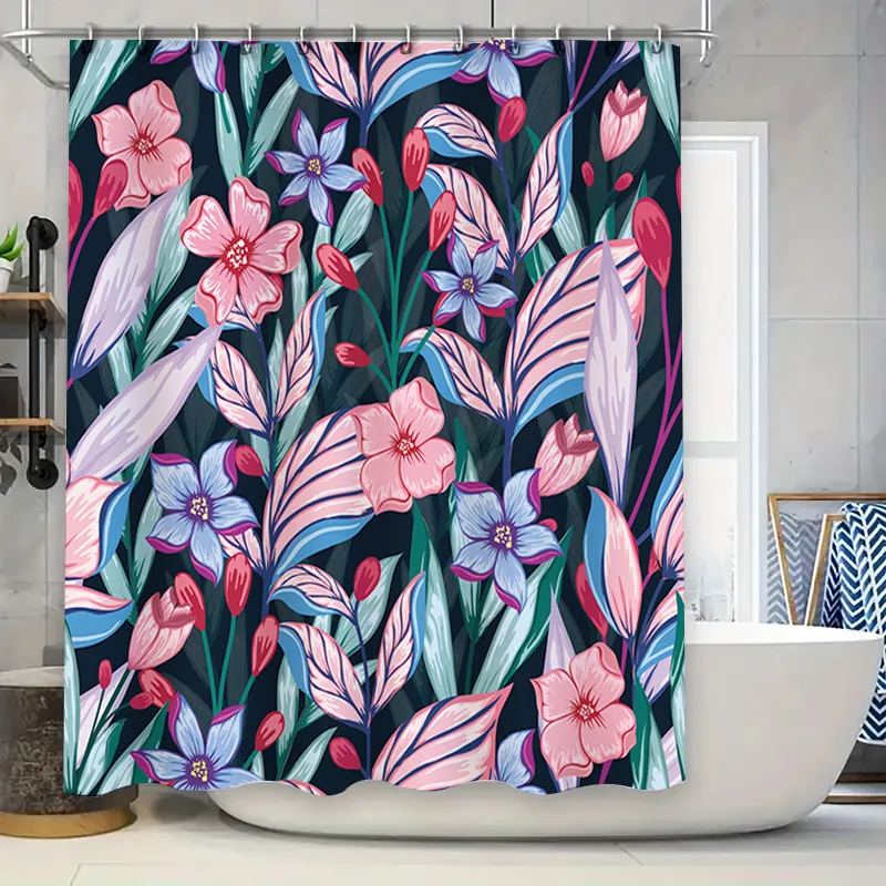 

Beautiful Bath Shower Curtain with Floral Print Pink Blue Red White Flowers Waterproof Polyester Fabric Decoration for Bathroom