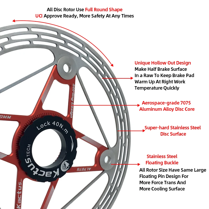 KACTUS Tech-Rotor de freno de disco de bicicleta ultraligero, disipación de calor eficiente, 6 PERNOS/bloqueo central, piezas de bicicleta, 140/160mm