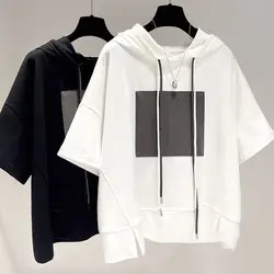 Extra Large Size 100.00kg Casual Hooded Short Sleeve T-shirt Women's Summer Loose Half-Sleeve Top