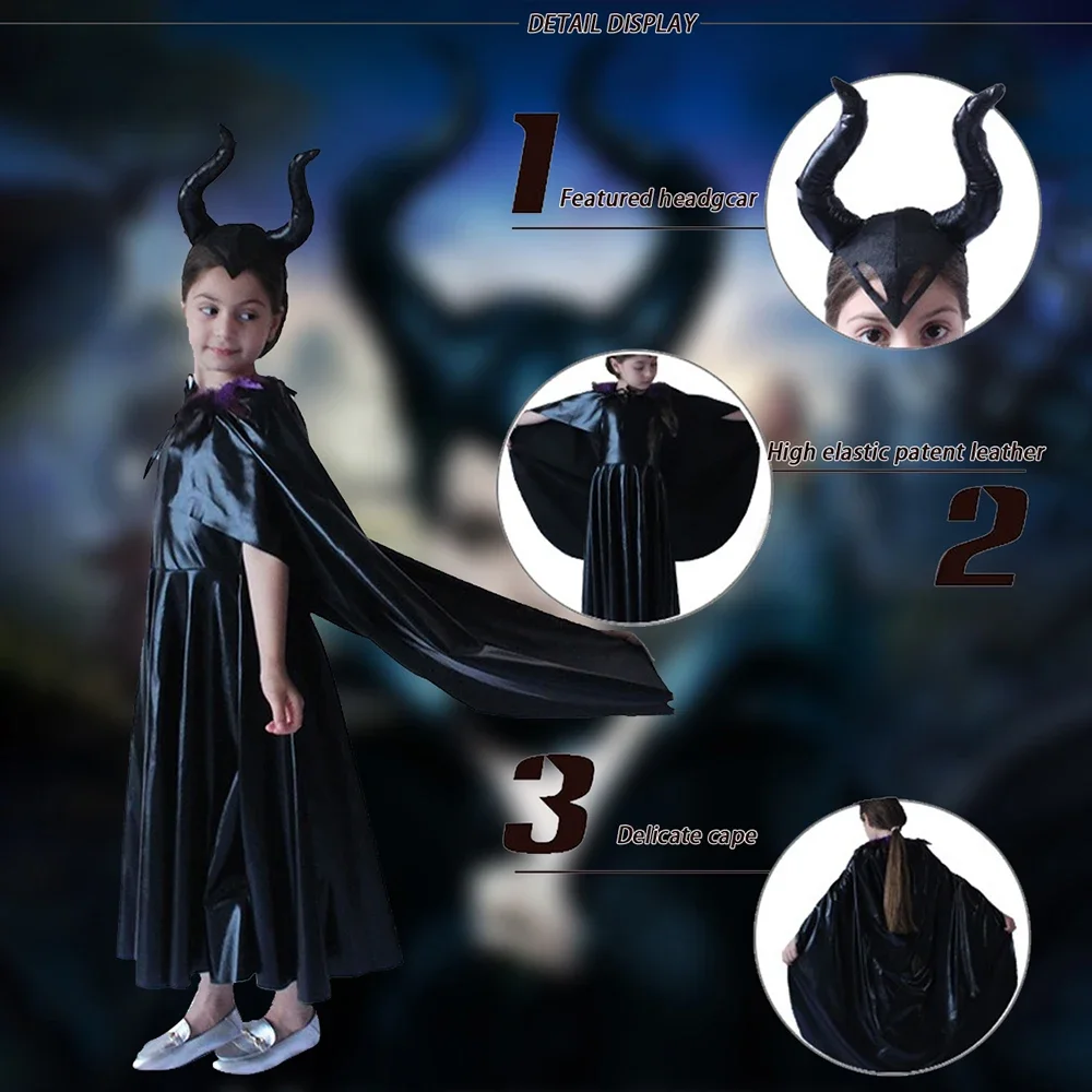 고딕 다크 요정 의상 세트 - 테마 파티와 코스프레를 위한 탈부착 가능한 뿔 머리장식이 있는 말레피센트 스타일 검은 망토 드레스