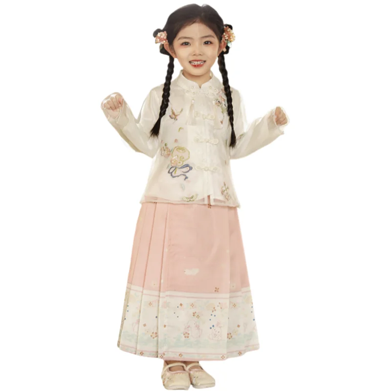 New Chinese Style Costume Traditional Improved Hanfu Two Piece Set of White Button Top and Pink Print Horse Face Skirt for Girls