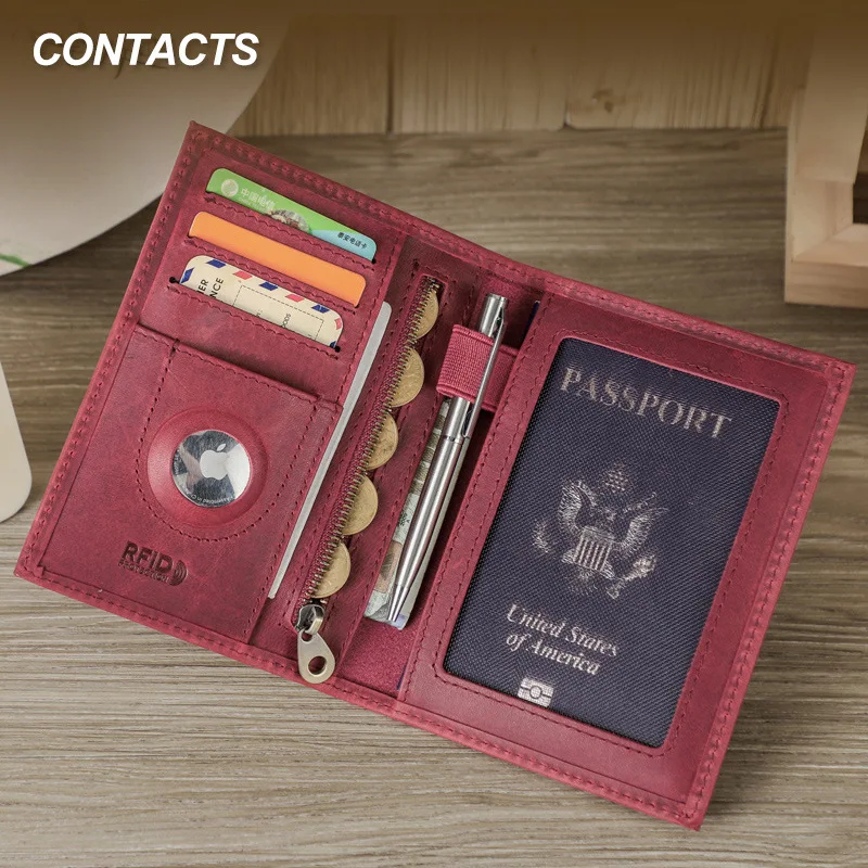 

HTS-M1358A Retro Crazy Horse Leather RFID Anti Magnetic Passport Bag Multi Functional Airtag Position Real Pickup Bag
