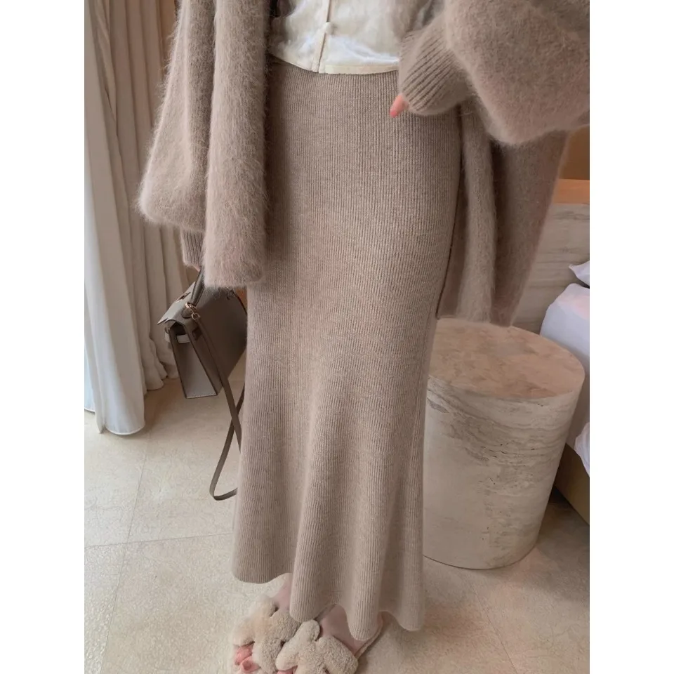 High-End Wool Knitting Fishtail Skirt Women Autumn and Winter Elegant High Waist A Word Hip Skirt Soft Glutinous Woolen Half-...