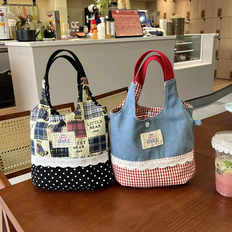 

Ladies' Shoulder Bags Korean Polka Dot Plaid Casual Kawaii Cute Sweet Versatile Tote Bags Large Capacity New Handbags For Girl