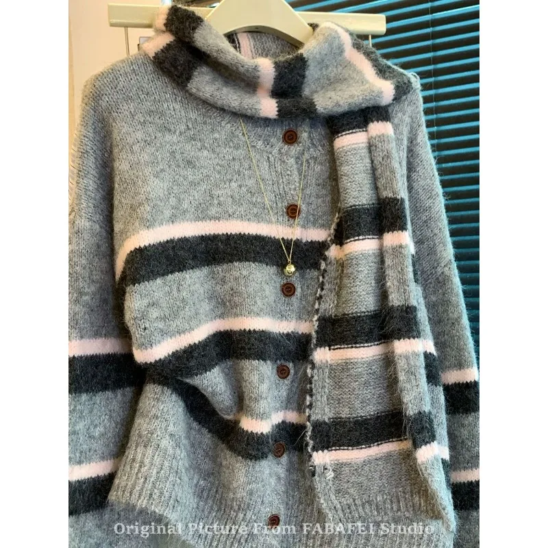 

Полосатый свитер в корейском стиле с шарфом для женщин, осенне-зимний стиль, повседневная куртка контрастного цвета для поездок на работу