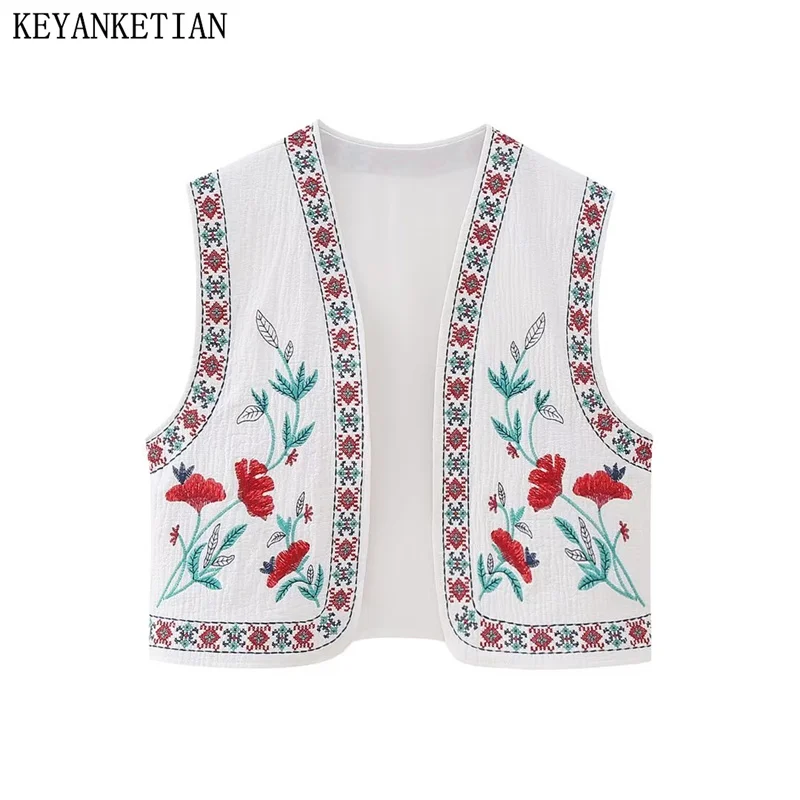 

KEYANKETIAN Autumn New Women's Garden Flower Totem Embroidered Vest Boho Holiday Wind Thin Cotton Linen Waistcoat Crop Top