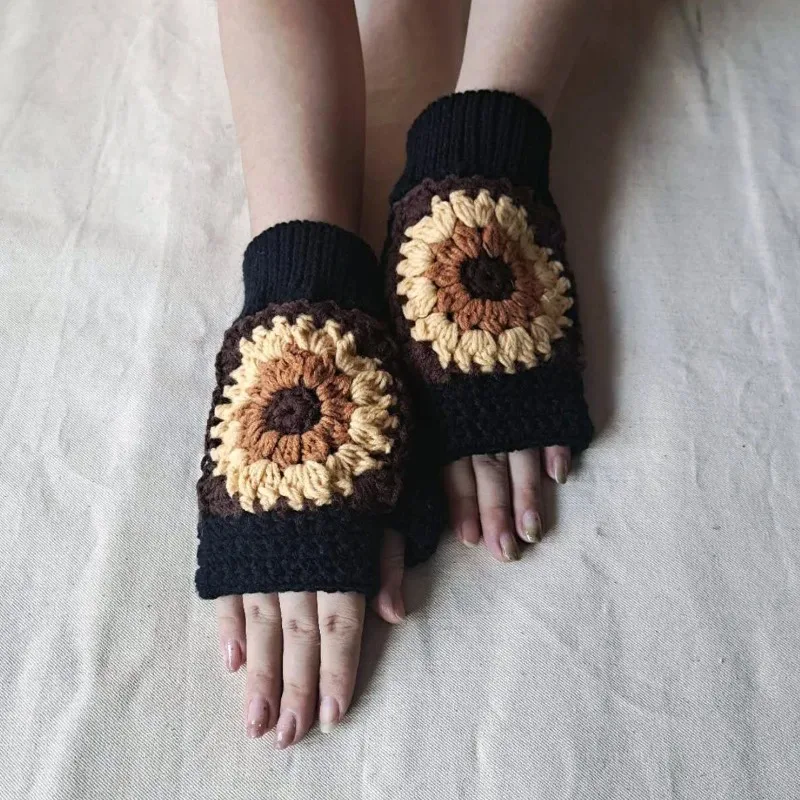 قفازات شتوية دافئة بدون أصابع للنساء بتصميم عتيق على شكل زهور عباد الشمس قابلة للتمدد مناسبة لغسل اليد فقط للنزهات غير الرسمية #6