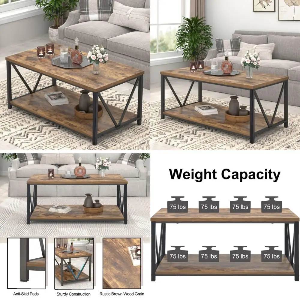 

Журнальный столик из металла и дерева в индустриальном стиле с полкой для хранения, коричневый в деревенском стиле для гостиной