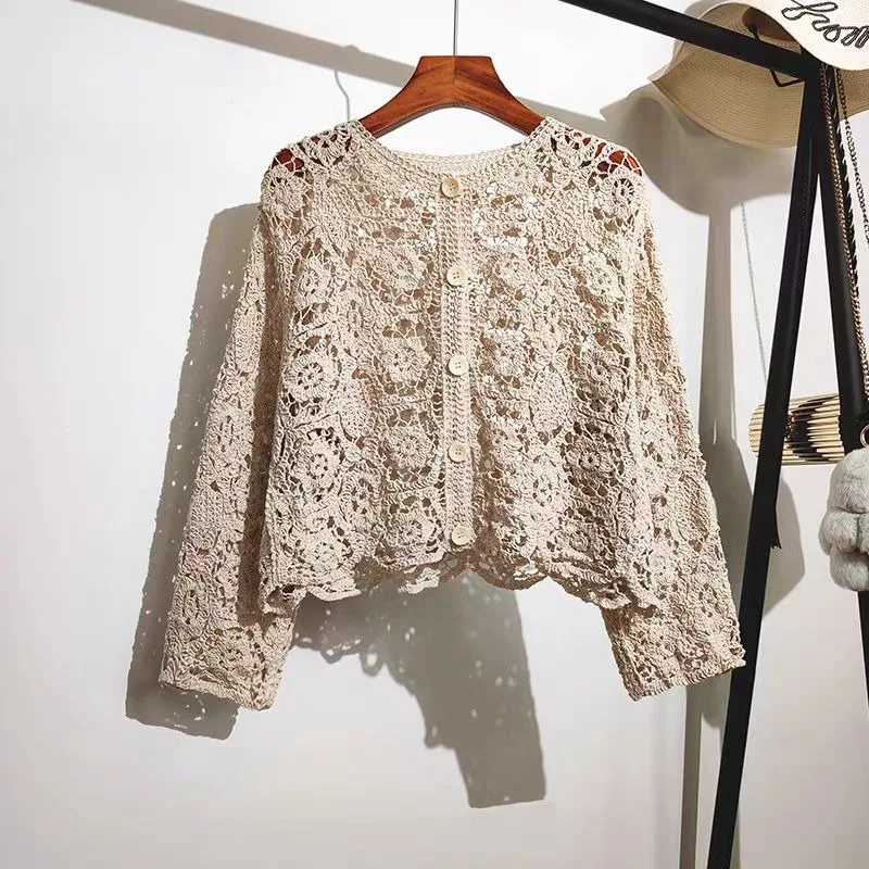 White Crochet Lace Cardigan Summer Floral V-Neck Women