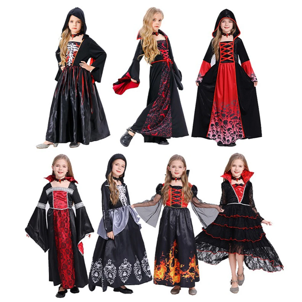 Gothic Vampire Long Dress Costume Red Floral Inner Robe With Flared Sleeves Hooded Skeleton Print Gown And Flame Pattern Hem Dress Classic Stand Collar Matching Decorative Neck Ring For Halloween Gathering Haunted House Event Horror Themed Cosplay Outfit view 7