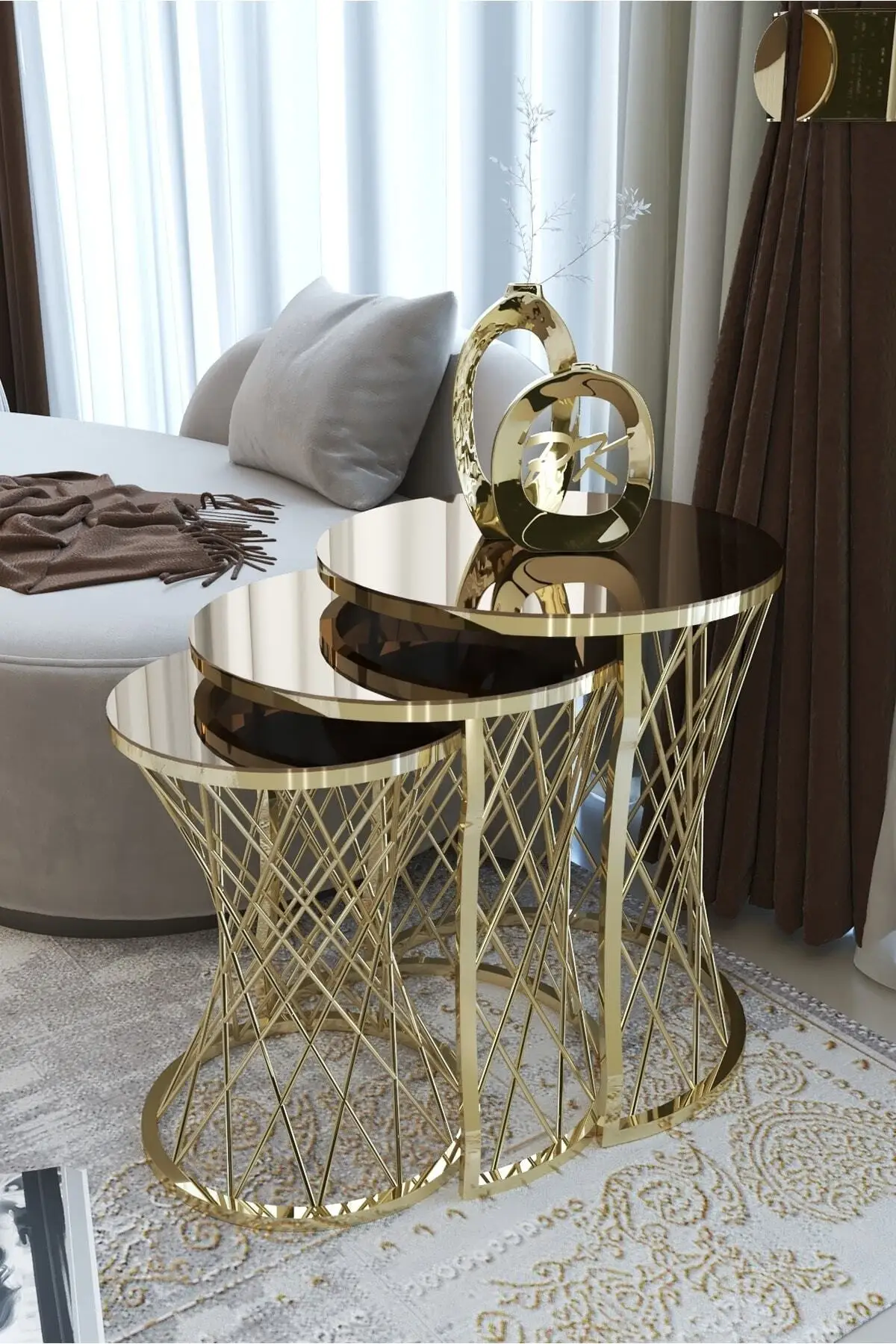 Modern Stylish Design 3 Piece Wicker Side Table Glass Model Furniture Living Room Coffee Tea Serving Table Decor