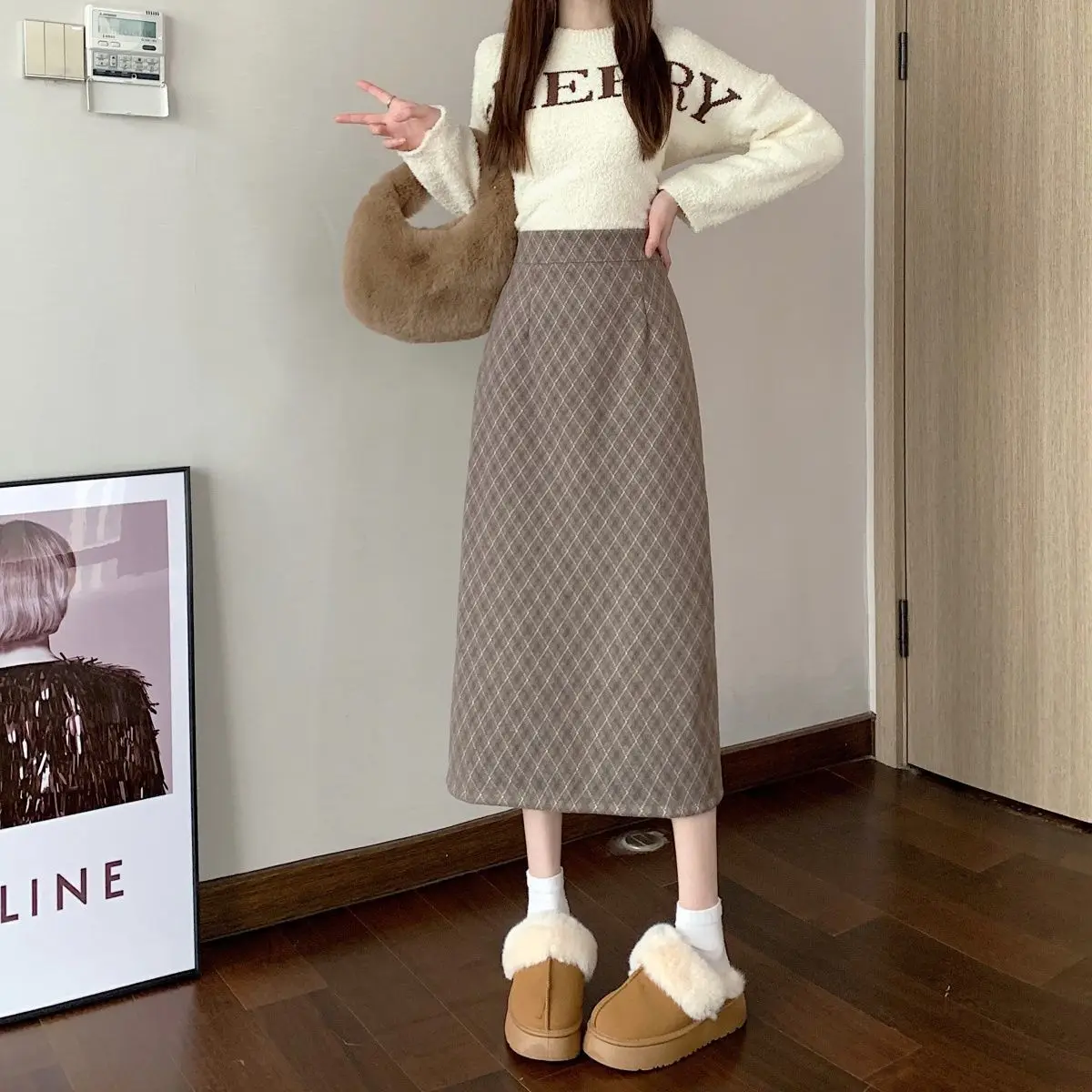 High Waist Ultra Slim Geometric Pattern Black Mini Skirt New Autumn Winter Simple Lady plus Size Half Body Skirt Cotton Blend