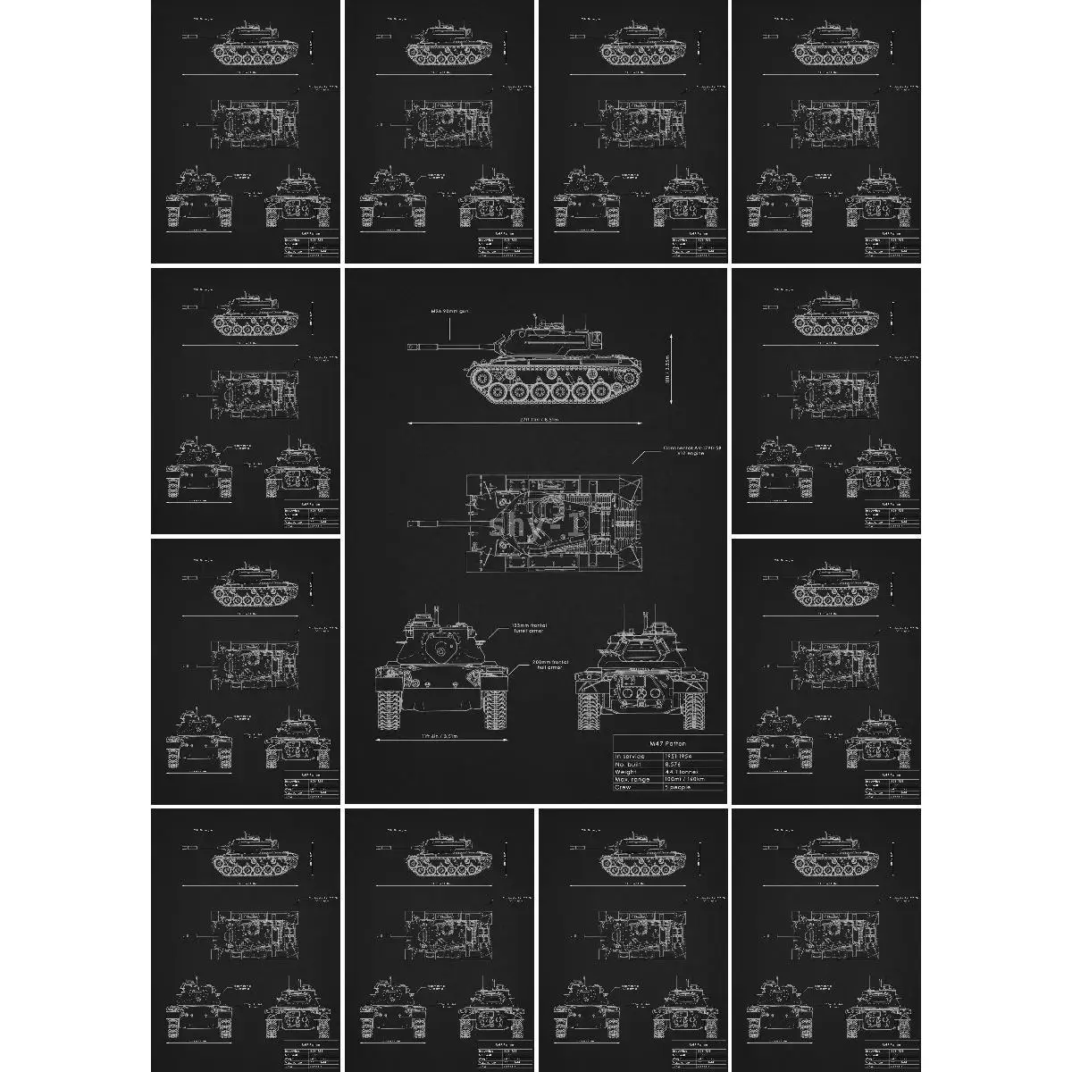 M Patton Tank Blueprint Art Poster  Minimalistic Interior Design Wall Decor Print Collection