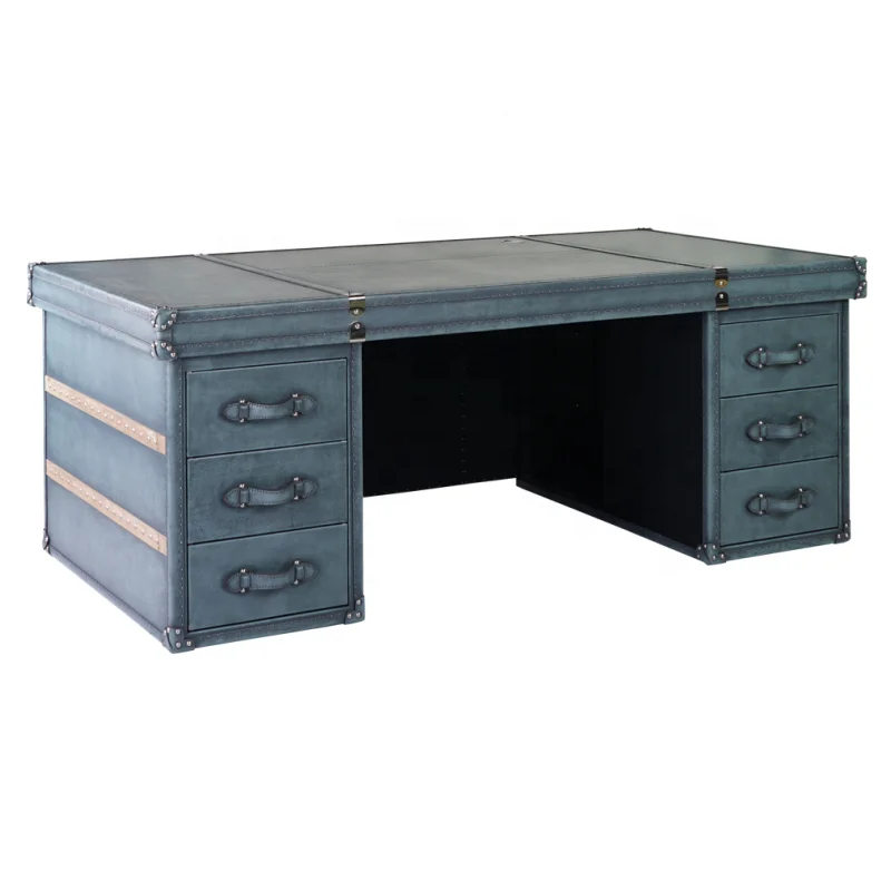 Customized Loft Industry Furniture Home Office Table Genuine Leather with Metal Aluminium Executive Ceo  Office Desk