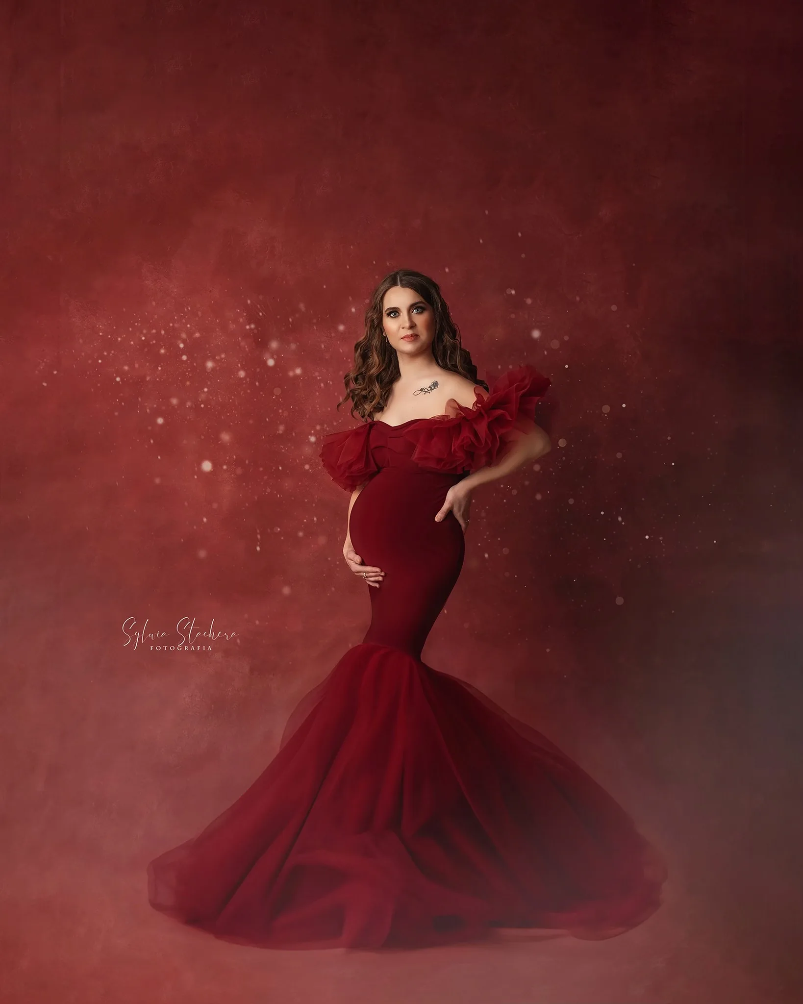 

Linda Red Maternity Dress for Pregnancy Off Shoulder Ruched Gala Dresses Sweetheart Mermaid Tulle Babyshower Gowns Customized