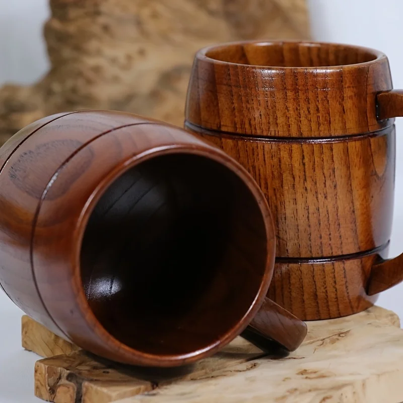 Wooden beer mug with a handle, heat-resistant tea cup, solid wood barrel-shaped tea cup, milk tea cup, milk cup, coffee cup, bee