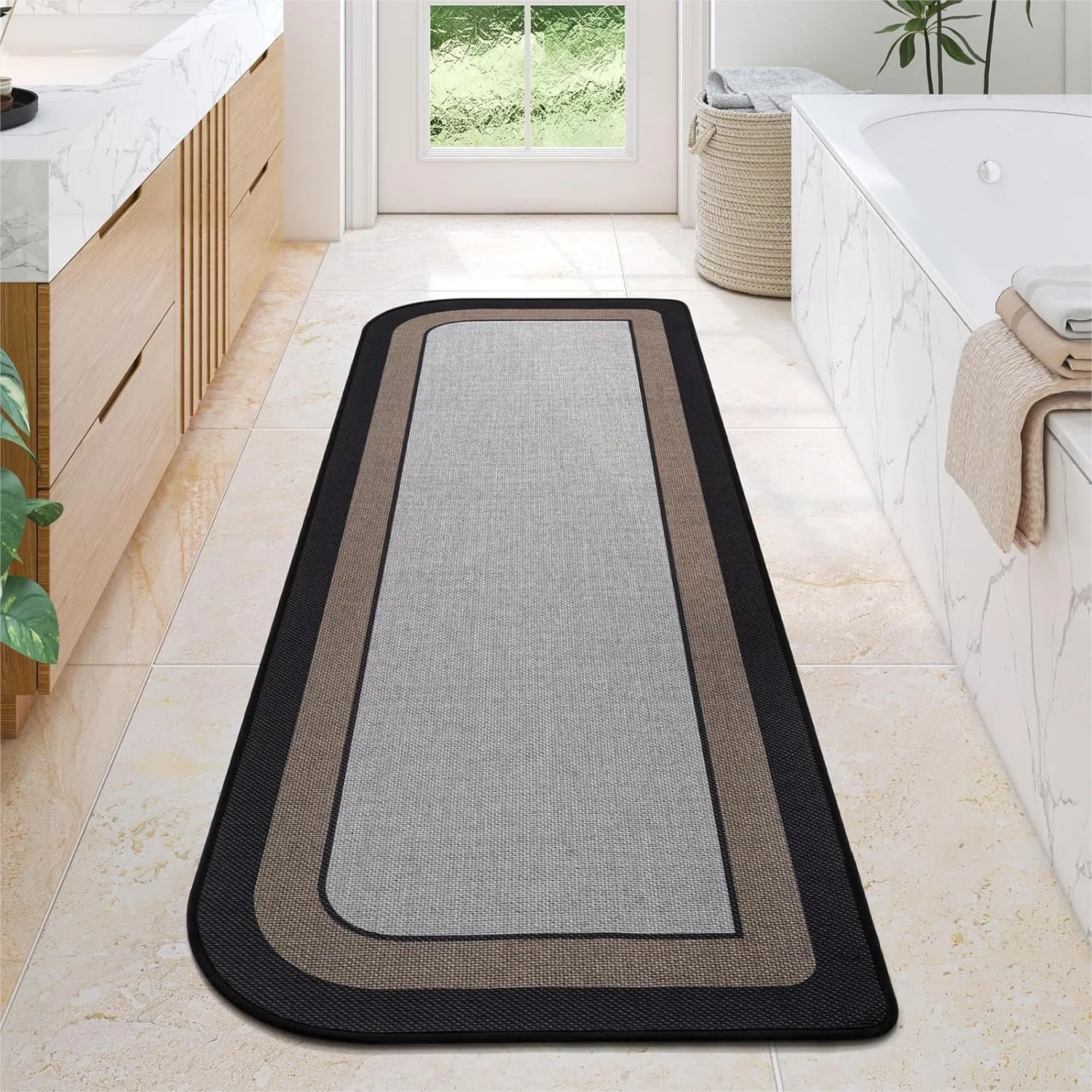 

Bathroom Runner Rug Non Slip Washable Quick Dry Thin Bath Mat Rubber Backing for Floor Tub Shower Grey Black 24x70