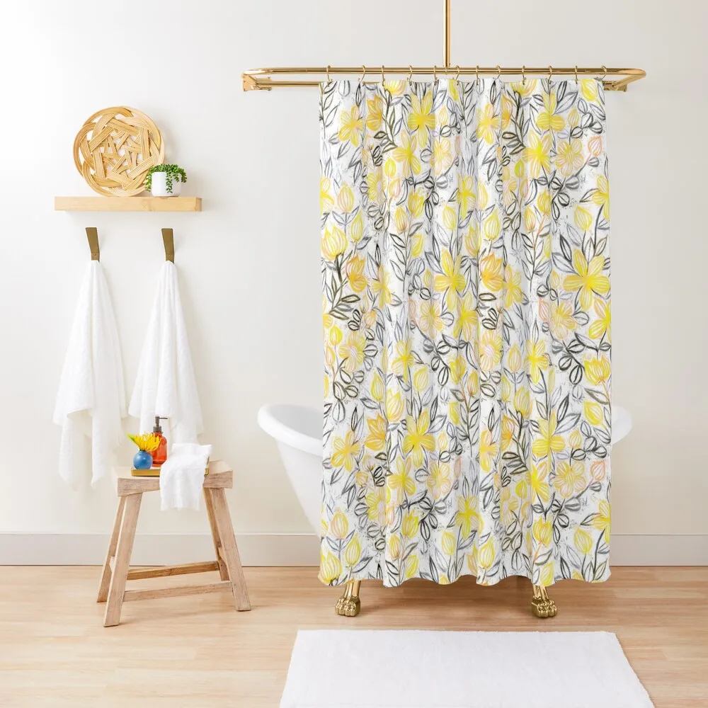 Sunny Yellow Crayon Striped Summer Floral Shower Curtain Bathroom Shower Set For Bathroom Shower For Bathrooms Window Curtain