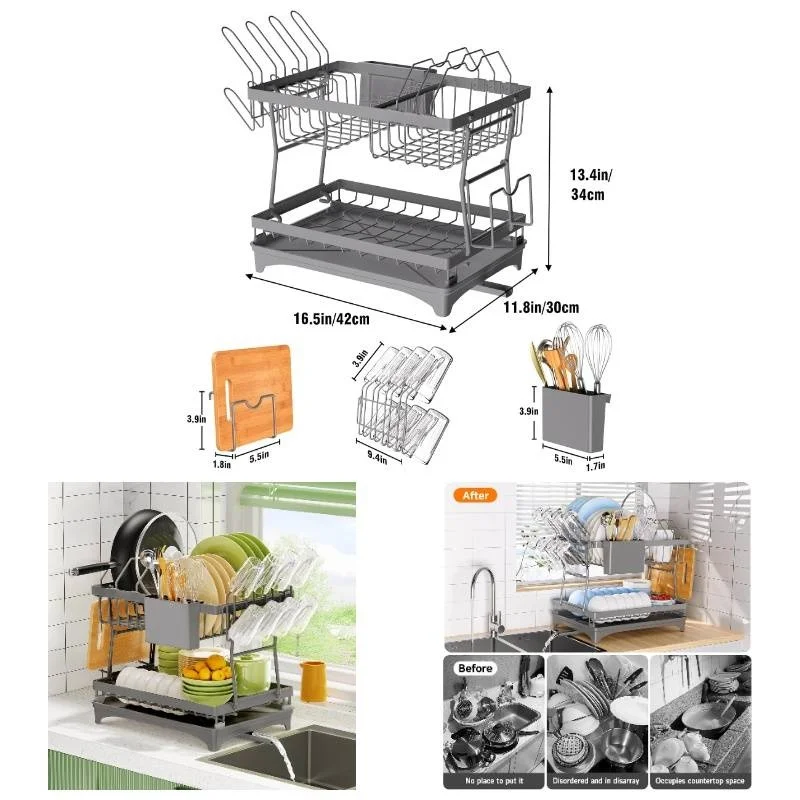 

Stainless steel 2-tier dish drying rack with drainboard, utensil & cup holders, compact space-saving kitchen counter organizer