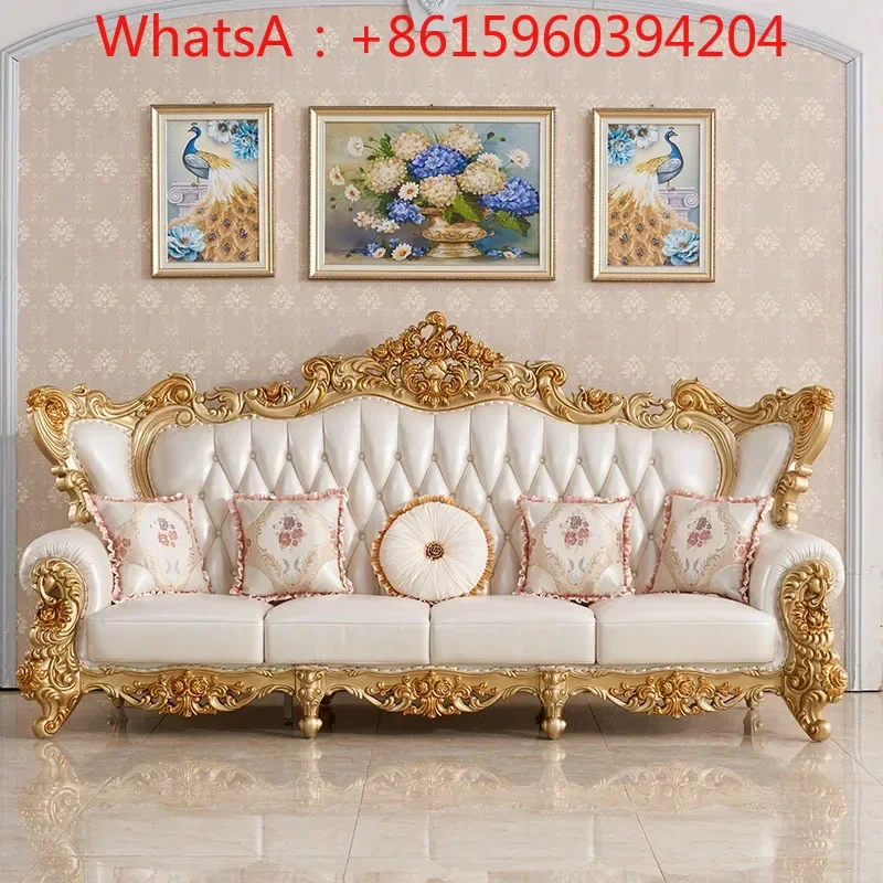 Custom European leather sofa 1234 combination villa living room carved cowhide American high-end size apartment white furniture