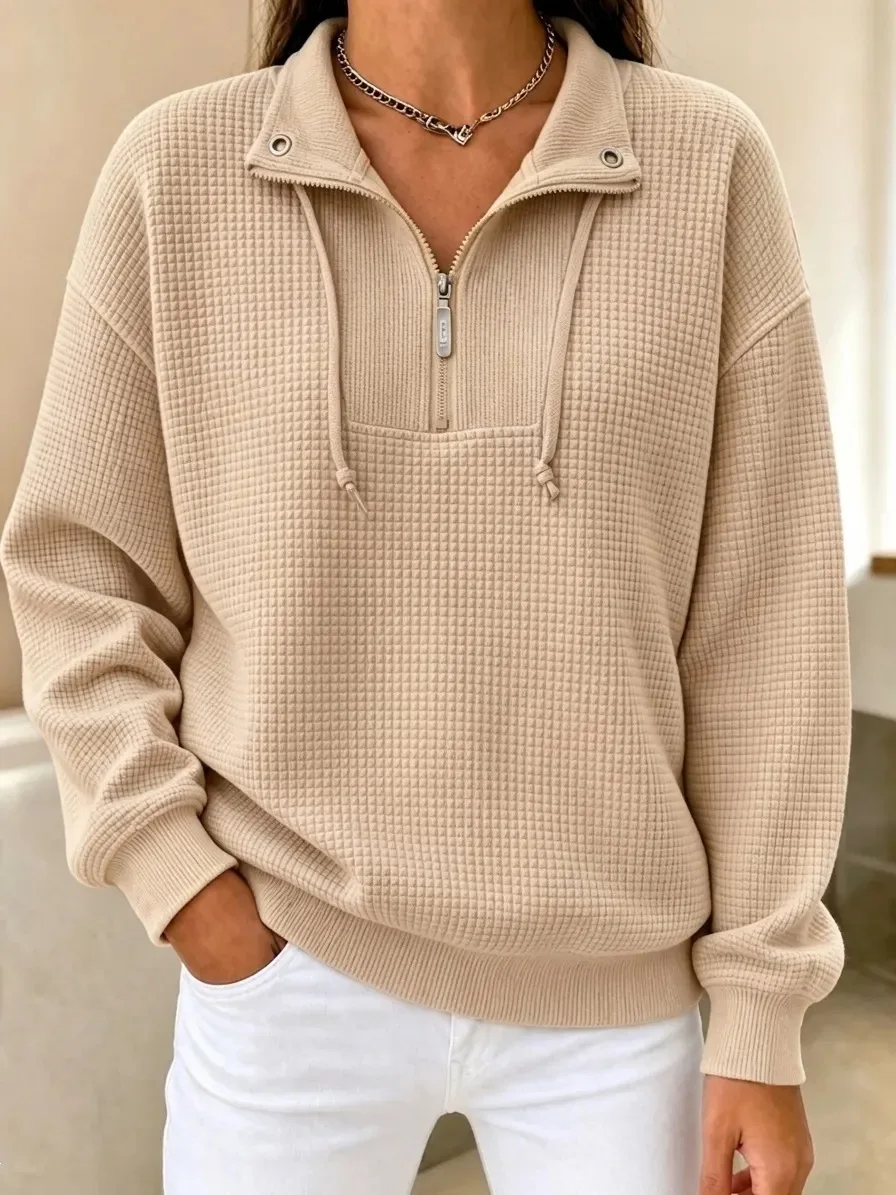 2026 Spring and Autumn Comfortable Loose Waffle-Texture Solid-Colored Stand-Collar Zip-Up Long-Sleeve Patchwork Women's Sweatshi