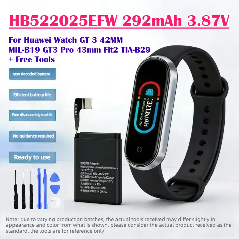 Upgrade HB522025EFW 292mAh 3.87V Replacement Battery For Huawei Watch GT 3 42MM MIL-B19 GT3 Pro 43mm Fit2 TIA-B29 + Free Tools